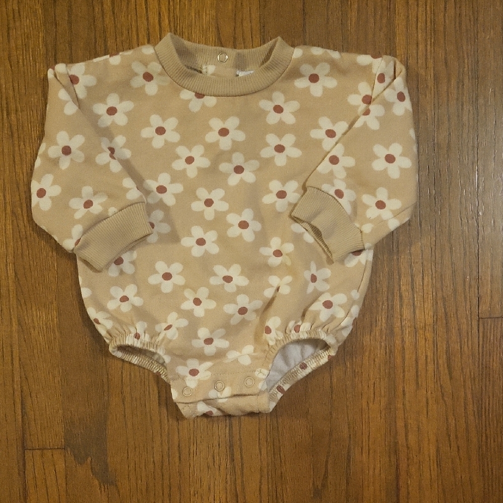 Tan and White Floral Bodysuit with Long Sleeves